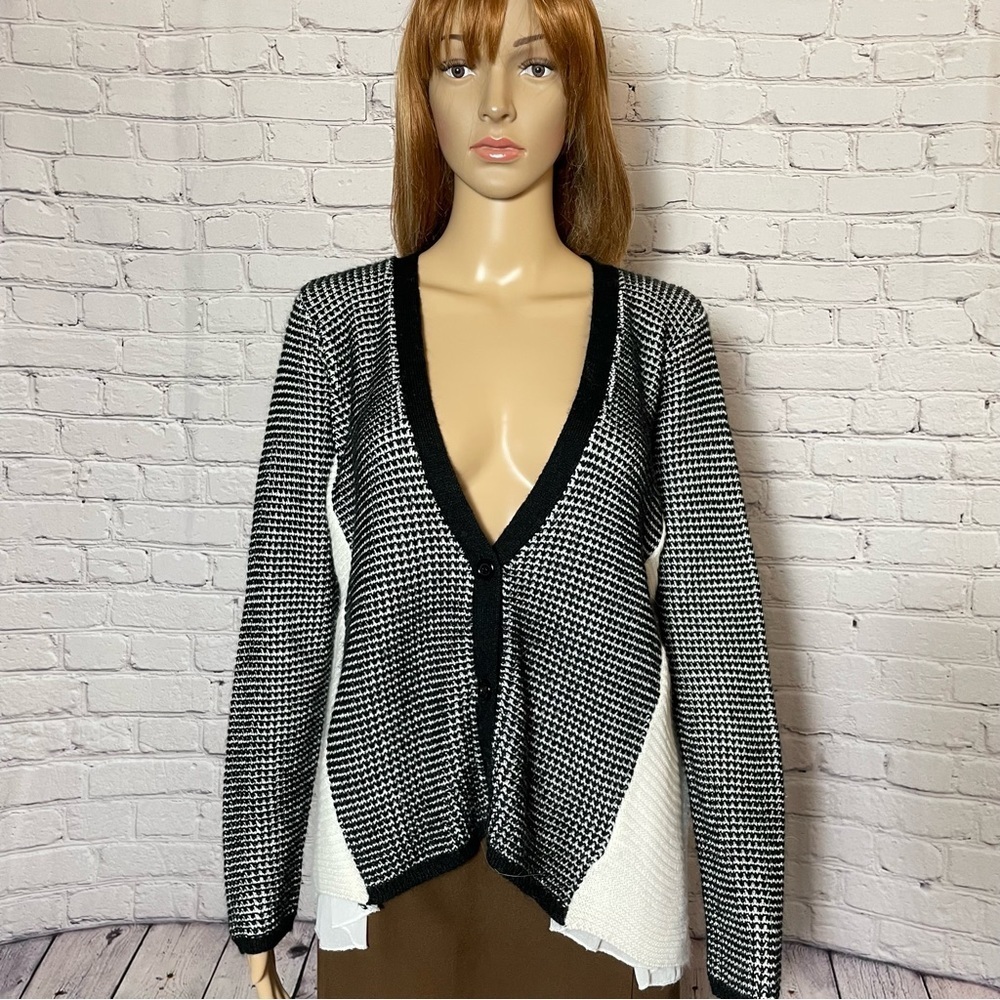 Finn & Clover Peek-A-Boo Chiffon Back Front Button Closure Cardigan Size M